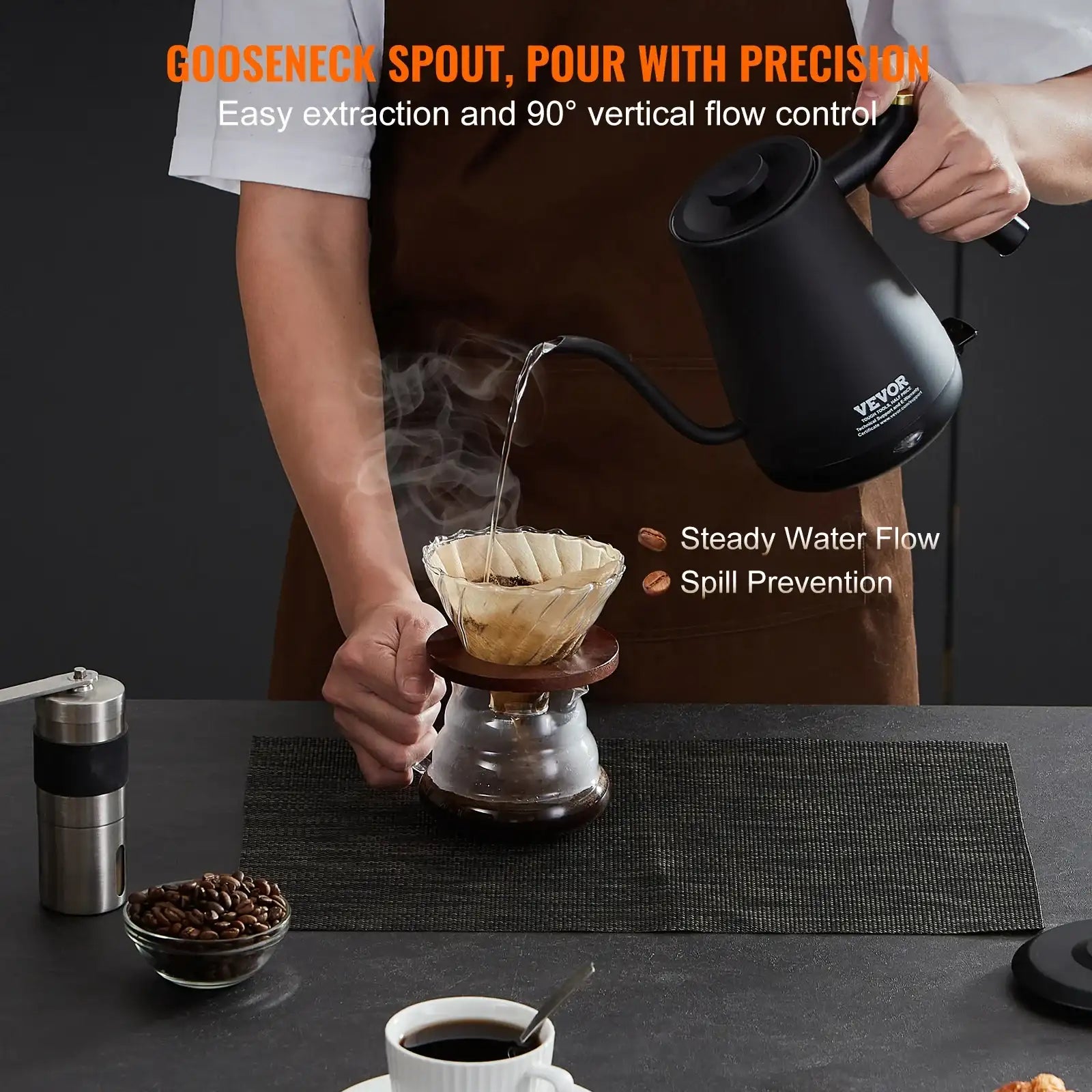 VEVOR 1 L Electric Gooseneck Kettle – 1200 W Fast-Heating Stainless Steel Pour-Over Coffee & Tea Kettle