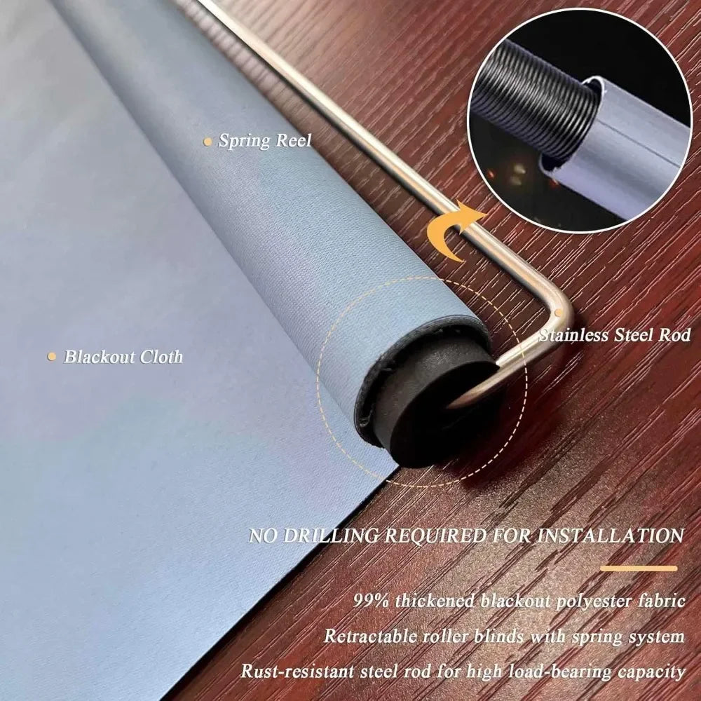 Portable Blackout Roller Blinds – Retractable Cordless Window Shades with Suction Cups & Sticky Hooks | Light-Blocking Curtains for Home & Travel