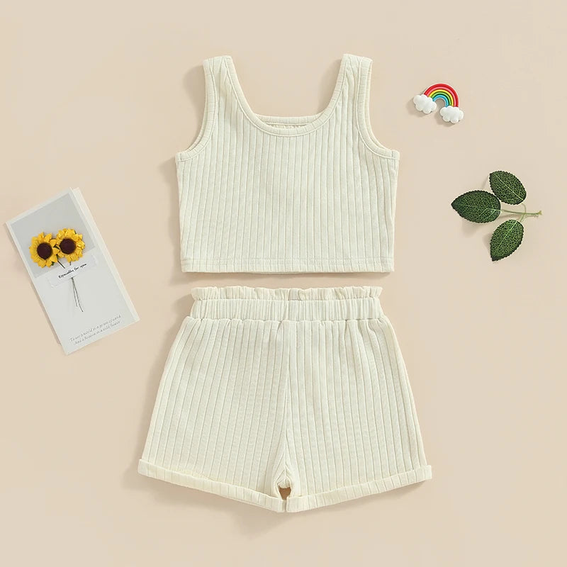 Lioraitiin Girls’ 2-Piece Summer Outfit – Sleeveless Knit Vest Top & Solid Drawstring Shorts Set for Kids 0–8 Years