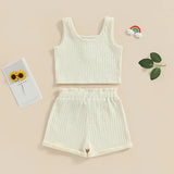 Lioraitiin Girls’ 2-Piece Summer Outfit – Sleeveless Knit Vest Top & Solid Drawstring Shorts Set for Kids 0–8 Years