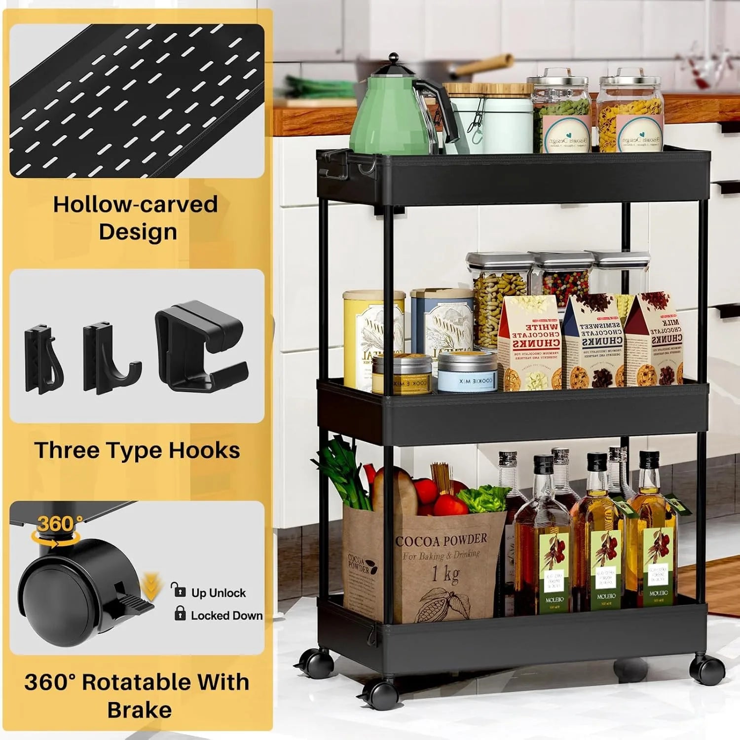 3-Tier Mobile Storage Cart – Bathroom & Laundry Organizer Utility Cart with Wheels