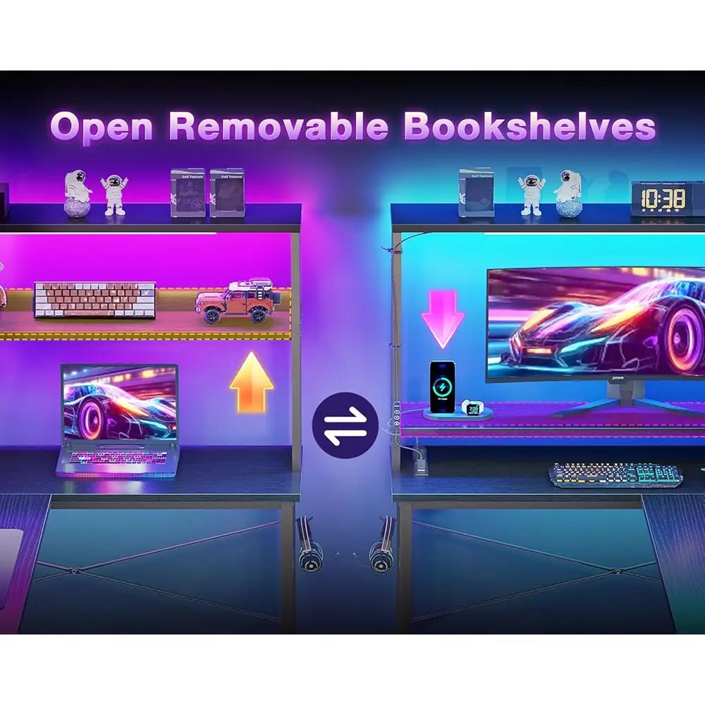 43″ L-Shaped Gaming Desk – Reversible Corner Computer Desk with LED Lighting, Power Outlets & Storage Shelves