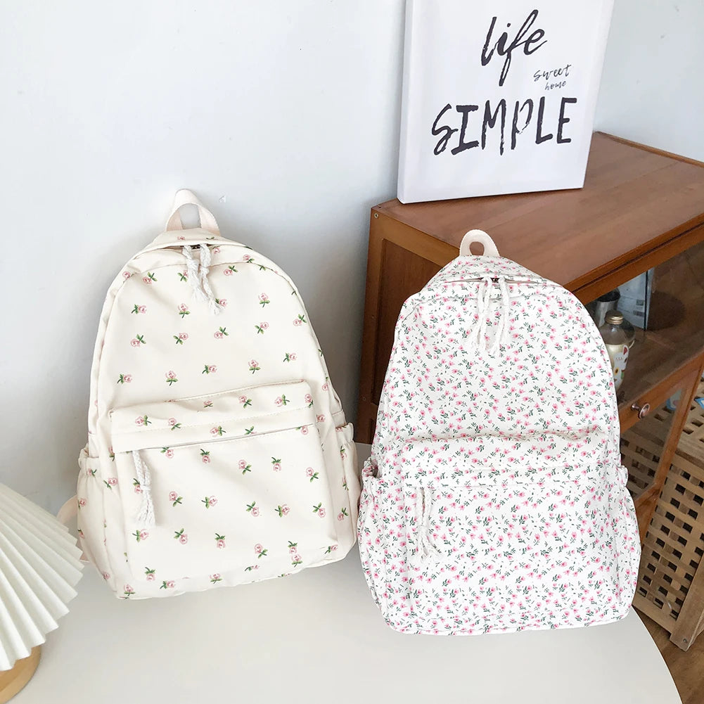 Floral Print Backpack with Pendant for Women & Girls – Large Capacity Student School & Travel Bookbag