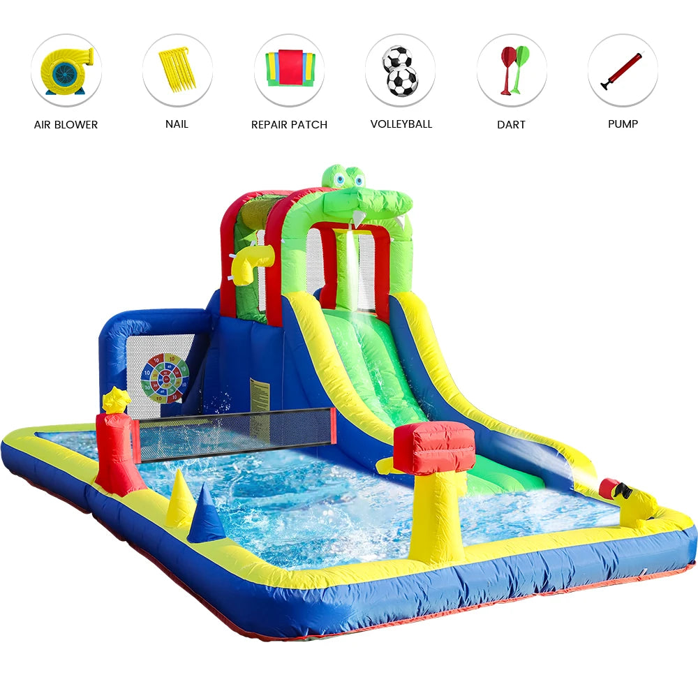 8-in-1 Crocodile Inflatable Water Slide Park – Backyard Wet & Dry Adventure for Kids