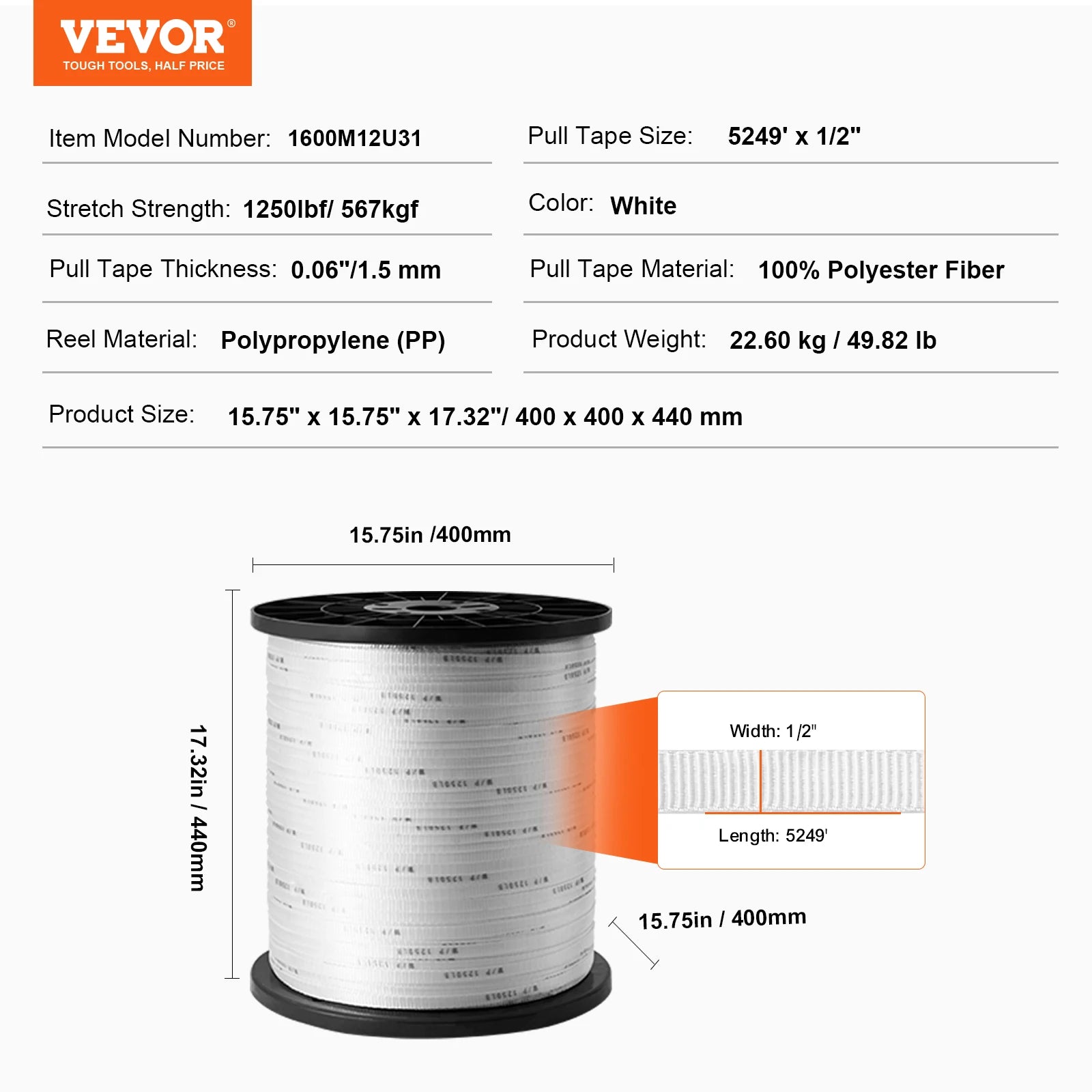 Vevor Polyester Mule Tape – Flat Pulling Webbing, 6000 lbf, 528 ft for Conduit, Packaging & Gardening