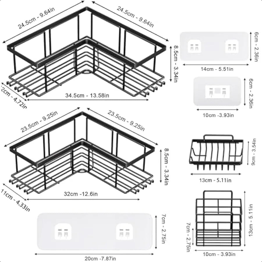 Corner Shower Caddy 4-Pack Adhesive Rack Set – Rust-Resistant Wall Mounted Storage for Bathroom & Kitchen