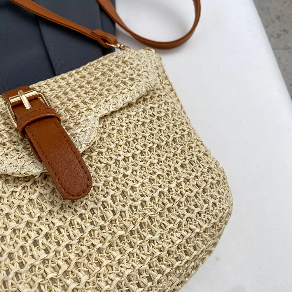 Women’s Summer Straw Tote Bag – Handmade Woven Paper Rope Crossbody with Adjustable Straps, Fashion Mobile Phone Bag