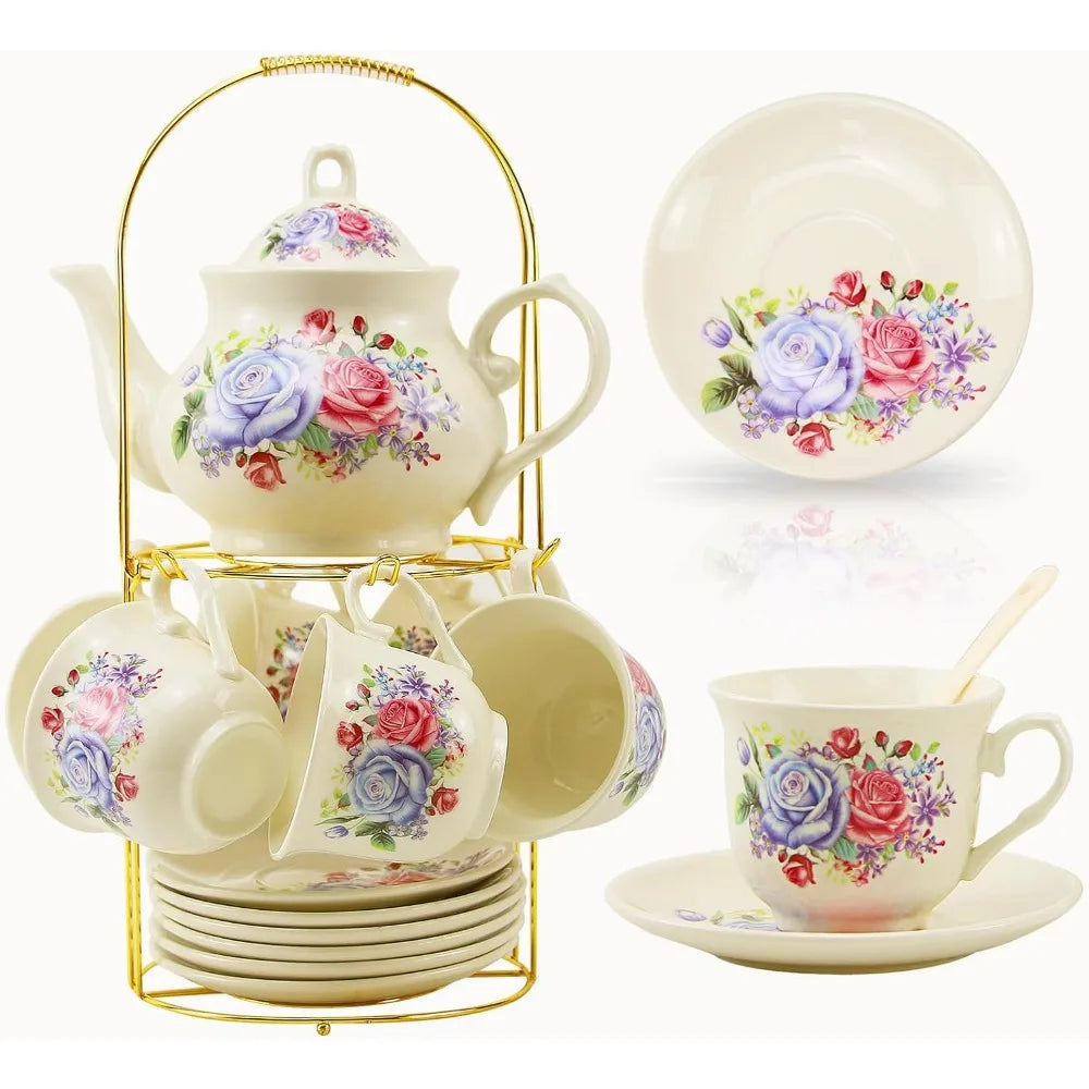 20-Piece Luxury Bone China Tea & Coffee Set with Gold Metal Rack – Elegant Gift & Home Party Ensemble