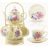 20-Piece Luxury Bone China Tea & Coffee Set with Gold Metal Rack – Elegant Gift & Home Party Ensemble