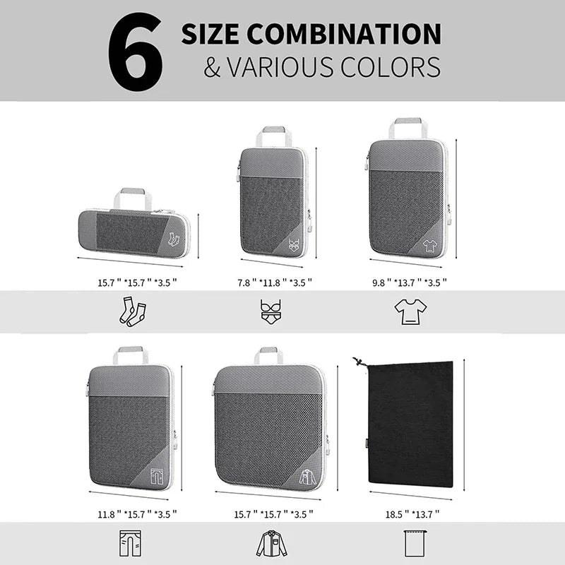 3-6 pcs Compressed Packing Cubes Travel Storage Organizer Set with Shoe Bag & Mesh Visual Luggage Set