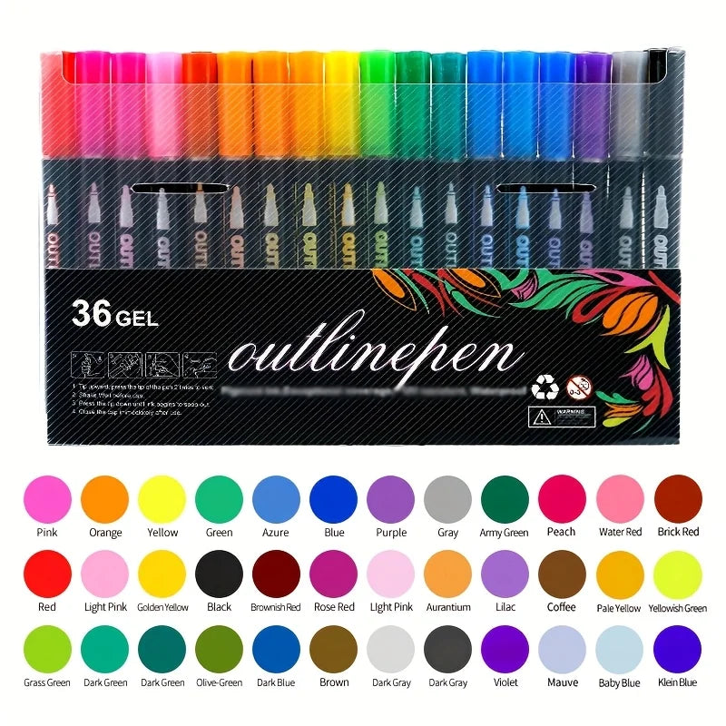 Metallic Double Line Pens Set (12 / 24 / 36 Colors) – Decorative Outline Pens for Scrapbooking & Card Writing