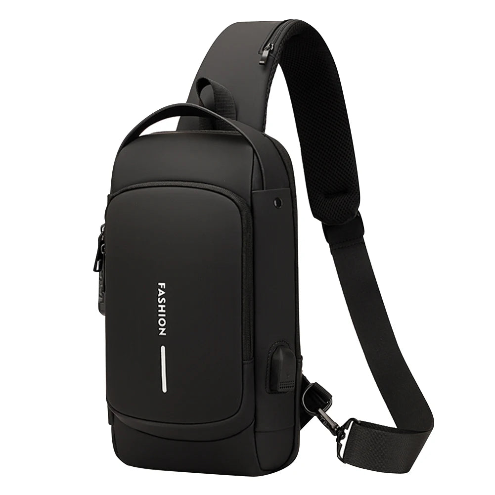Men's PU Leather Chest Bag – Waterproof Anti-Theft Crossbody Sling with USB Charging Port for Travel & Sports