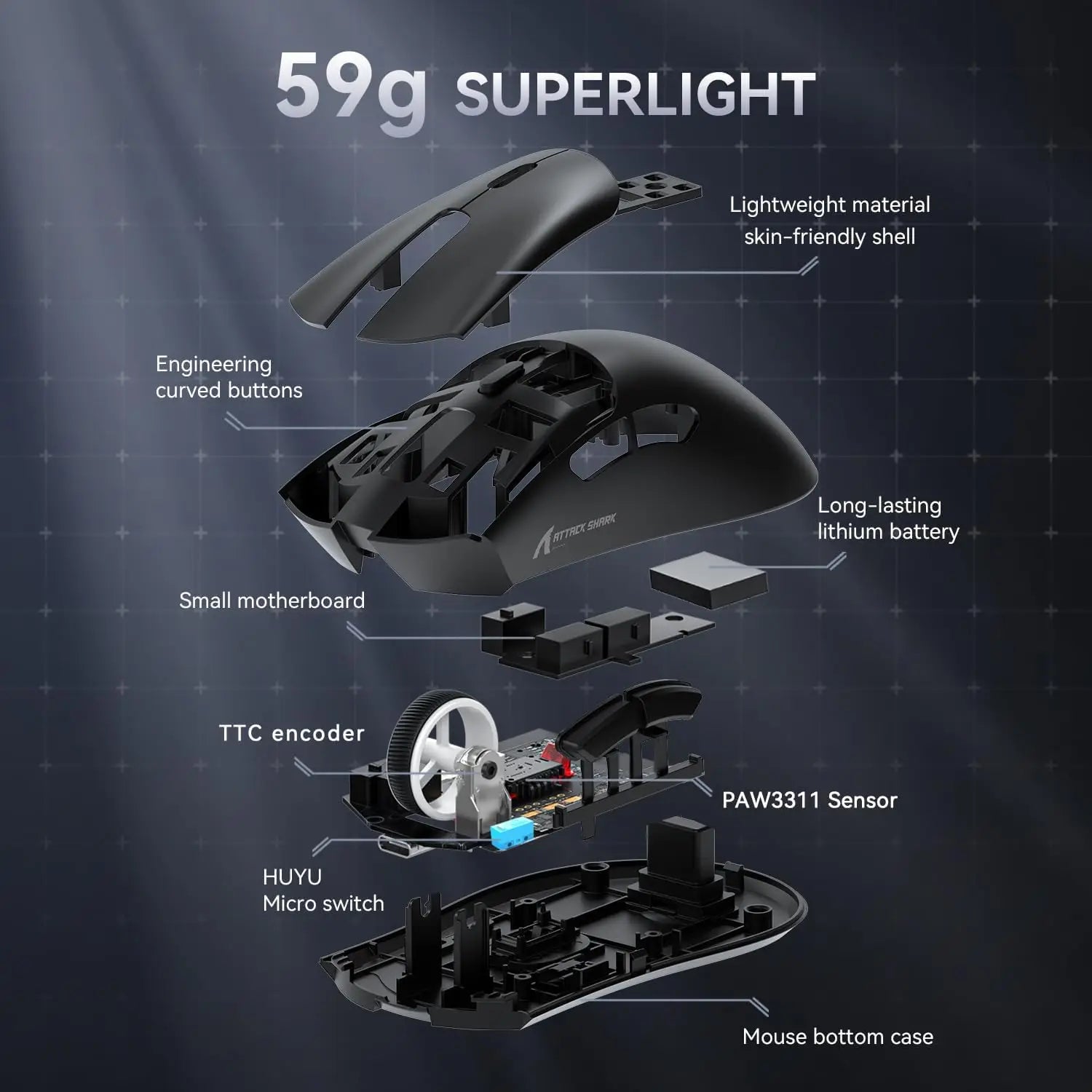 MambaSnake X Attack Shark R1 Wireless/Wired Gaming Mouse – 59g Superlight with PAW3311 Sensor, BT & 2.4G Tri-Mode Connectivity