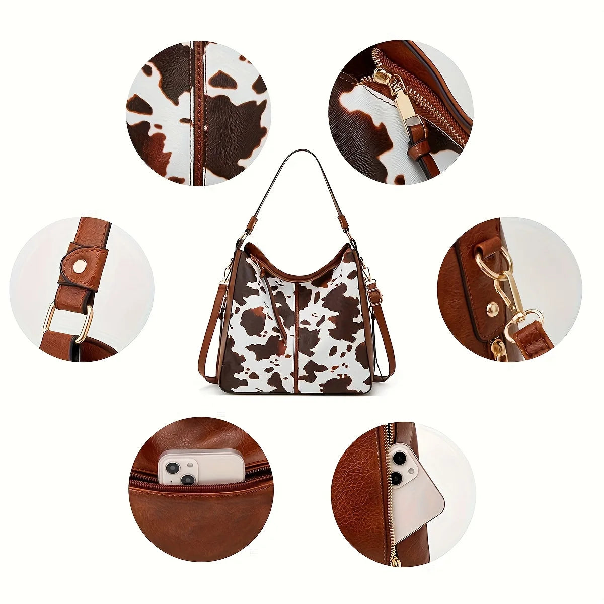 2-Piece Cow-Pattern Tote Bag Set for Women – PU Leather Large Shoulder Bags with Multi-Pockets