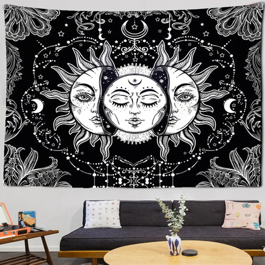 Mandala Tapestry Sun & Moon – Black & White Wall Hanging Hippie Décor for Dorm, Yoga, Living Room