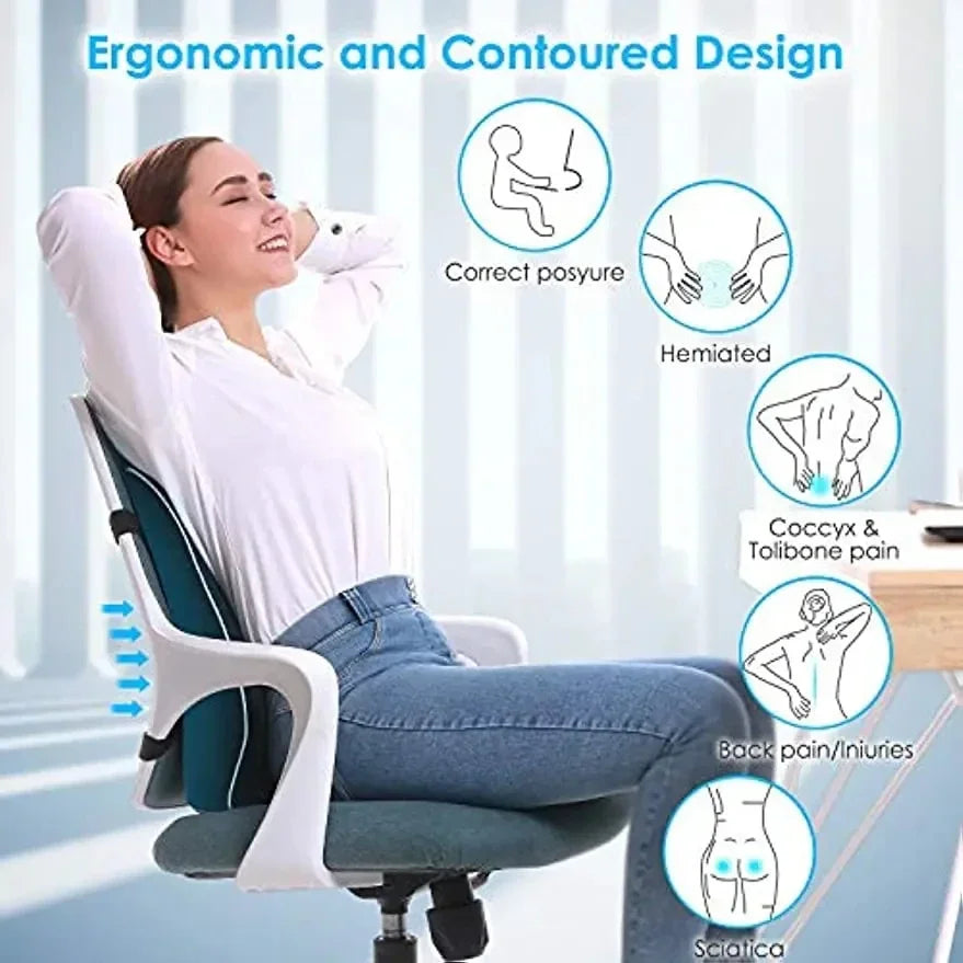 Memory Foam Lumbar Support Pillow – Ergonomic Back Cushion for Office, Home & Car, Relieves Back Pain and Improves Posture