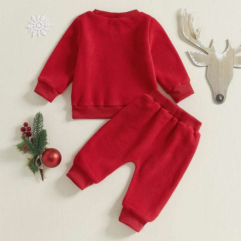 Santa Claus Embroidered Long-Sleeve Sweatshirt & Solid Pants Set for Toddler Boys & Girls
