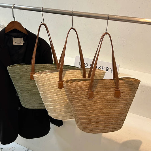 Large Capacity Woven Summer Tote Bag for Women – Casual Solid Color Shoulder/Hand Bag for Weekend Travel