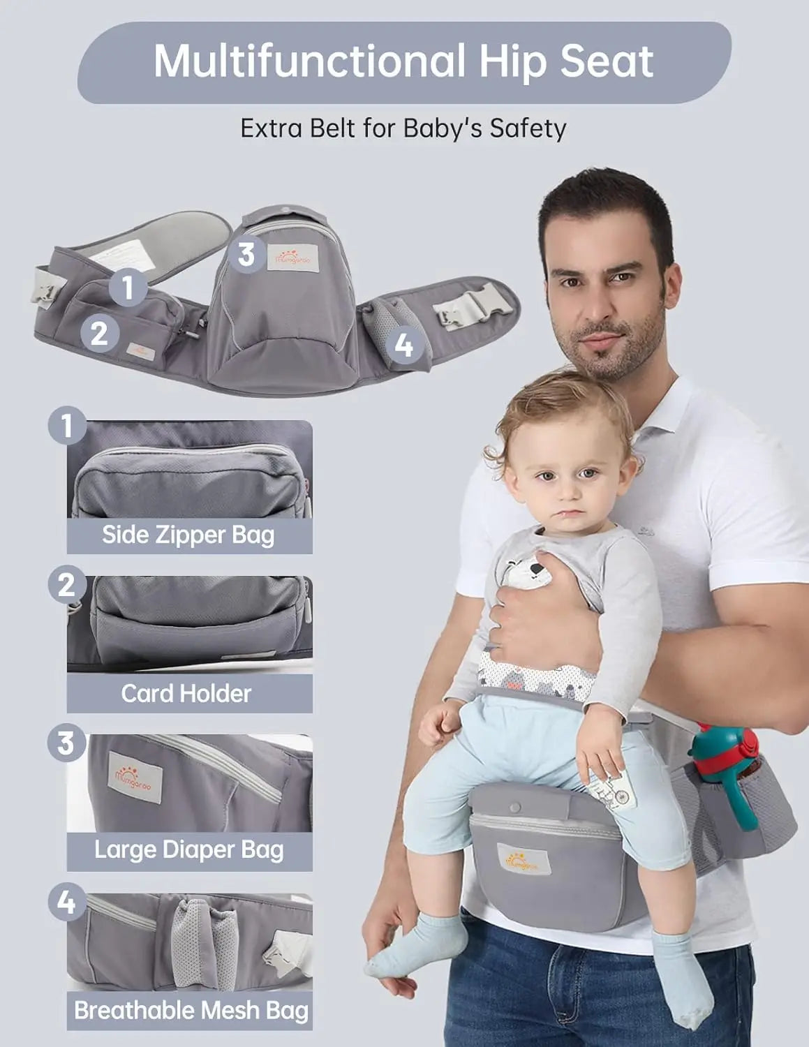 All-Position Baby Carrier with Hood – Ergonomic Hip Seat Carrier for Newborns to Toddlers, All Seasons Use