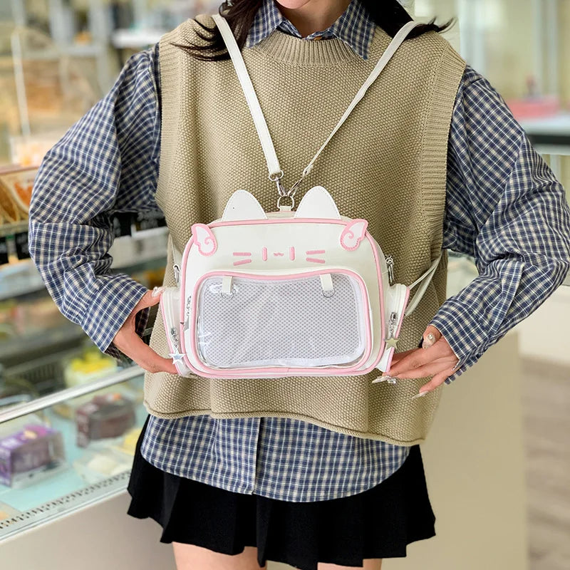 Cute Cat PU Crossbody Bag — Adjustable Strap Shoulder Purse with Clear Pocket for Women & Girls
