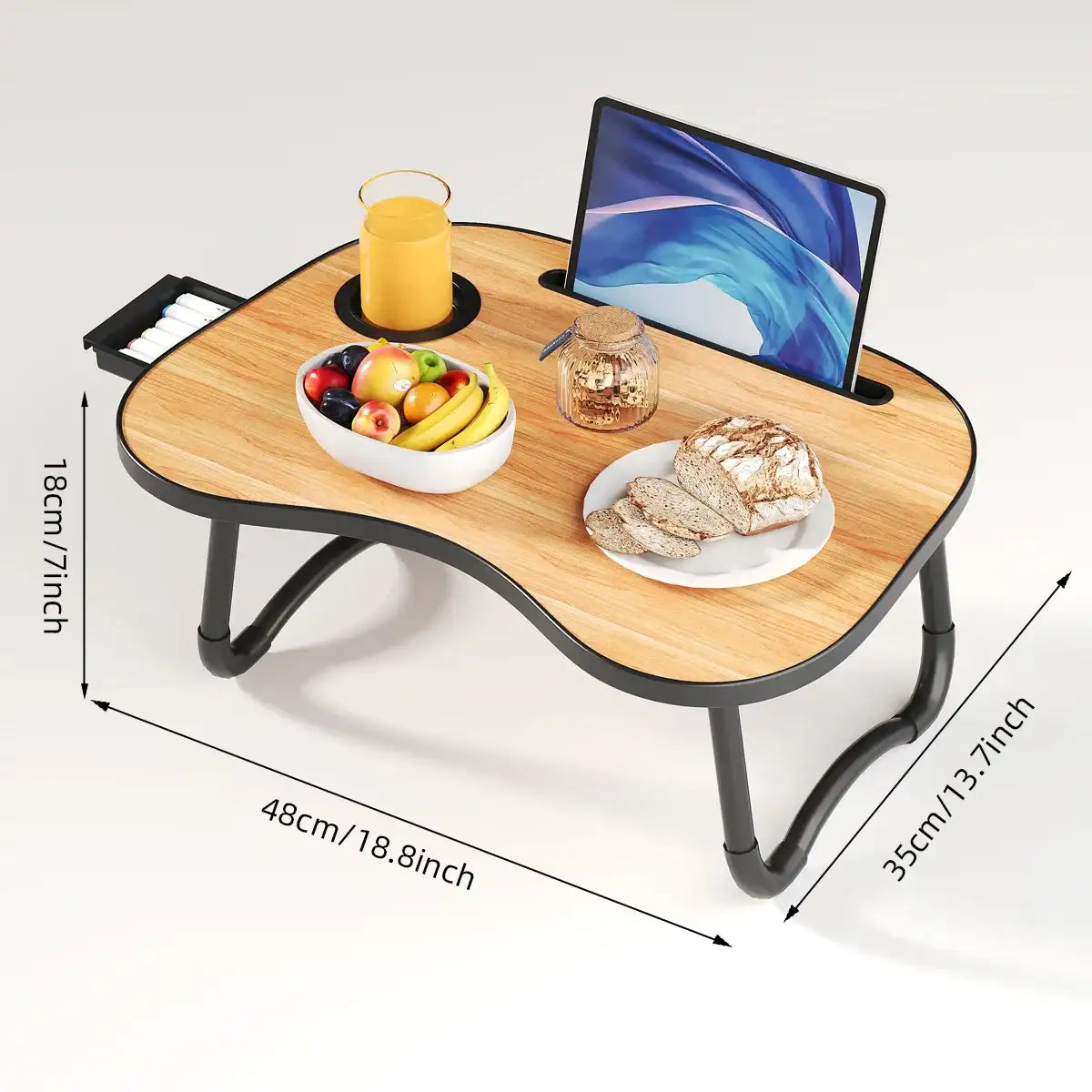 Foldable Bedside Laptop & Breakfast Tray Table – Bed Desk with Cup-Holder & Side Drawer for Laptop/Desktop Use