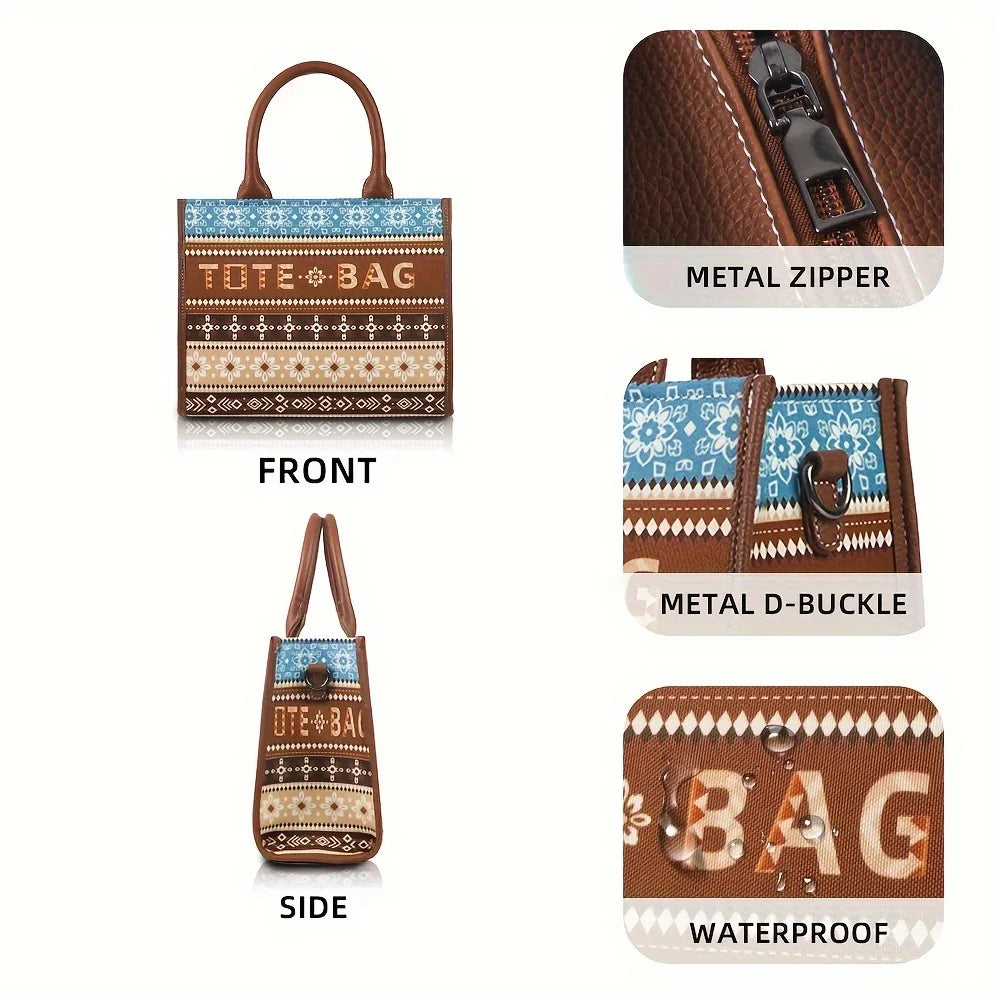 2PCS Bohemian Style Tote Bags – Retro Canvas & Leather Handbags for Women, Splash-Resistant Design
