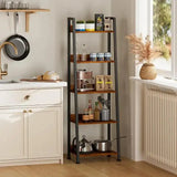 5-Tier Ladder Shelf, Ladder Bookshelf with Removable Drawer, Rustic Bookcase Storage Rack Organizer, Wood Metal Freestanding - PulinGO