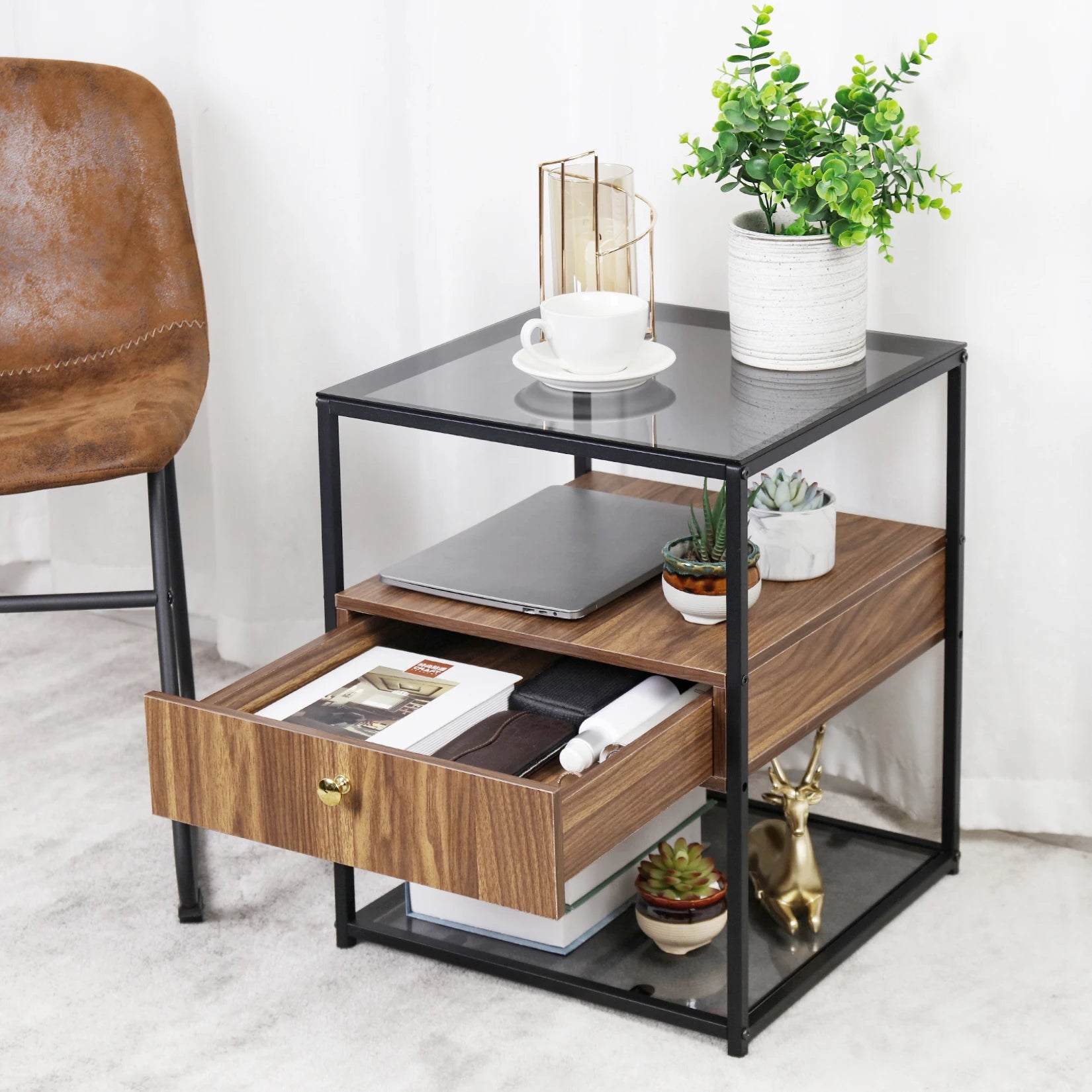 Tempered Glass Side Table – Modern Nightstand with Drawer & Shelf, Stable Steel Frame for Living Room 🛋️✨