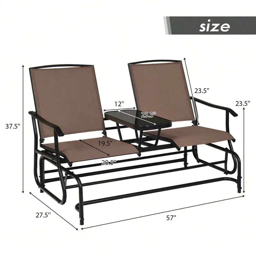 “2-Person Patio Glider Rocking Loveseat with Tempered Glass Table – Brown Outdoor Garden Furniture Set”