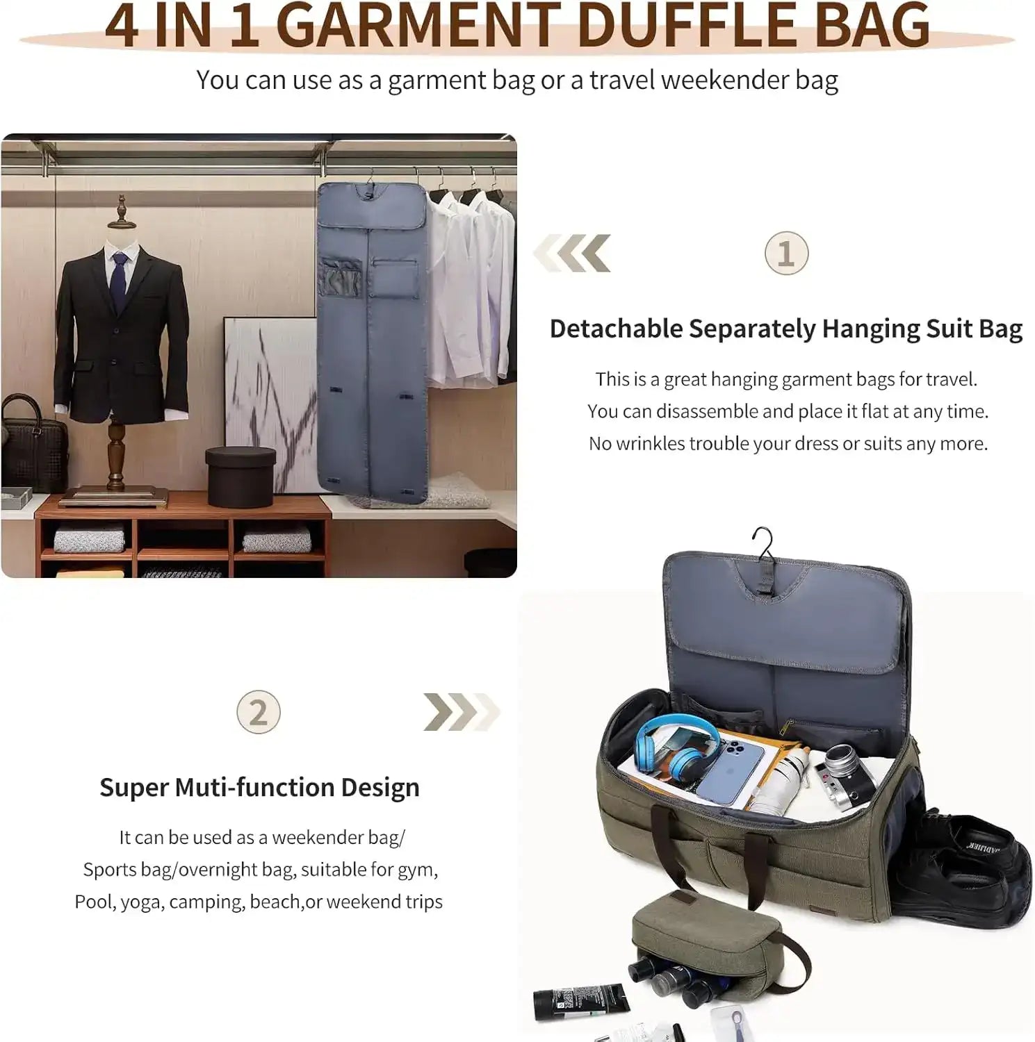 4-in-1 Garment Bag for Travel – Convertible Garment Duffel Bag with Shoe Compartment
