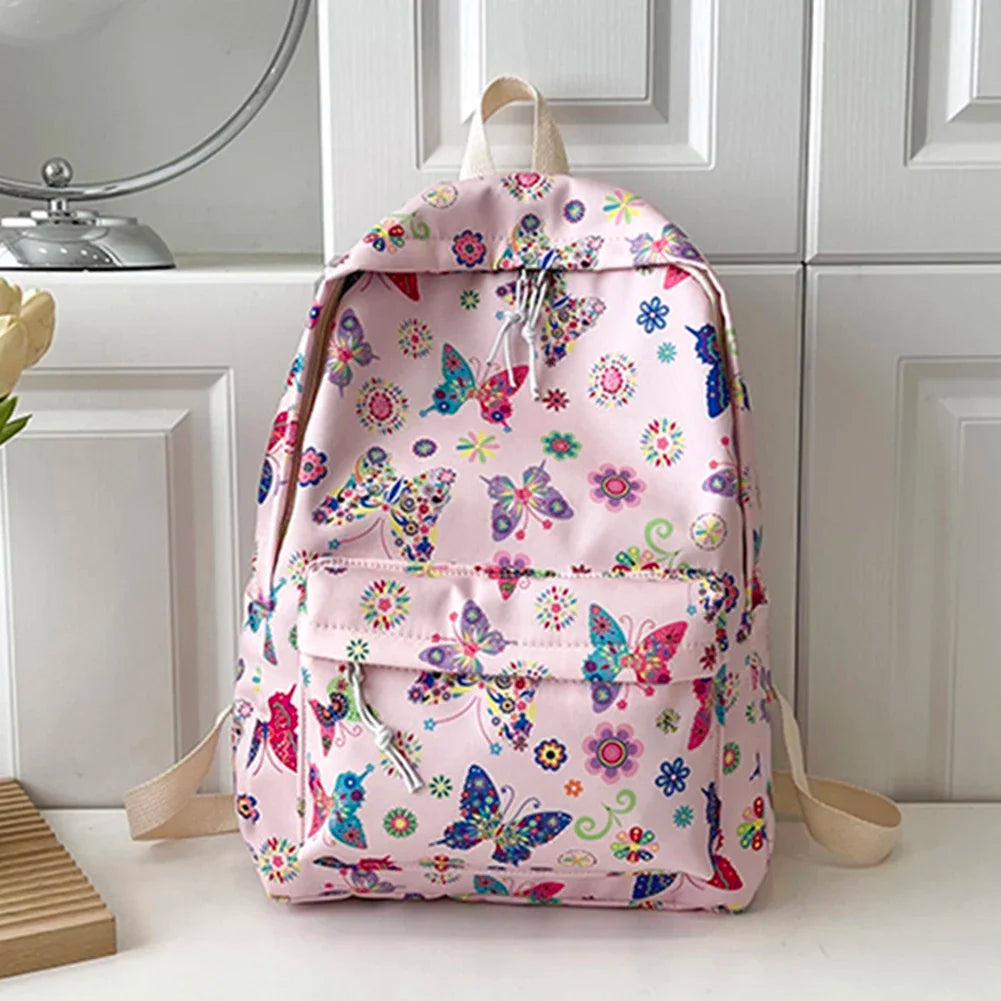 Butterfly Print Nylon School Backpack – Large Capacity Floral Student Book Bag for Daily & Outdoor Use