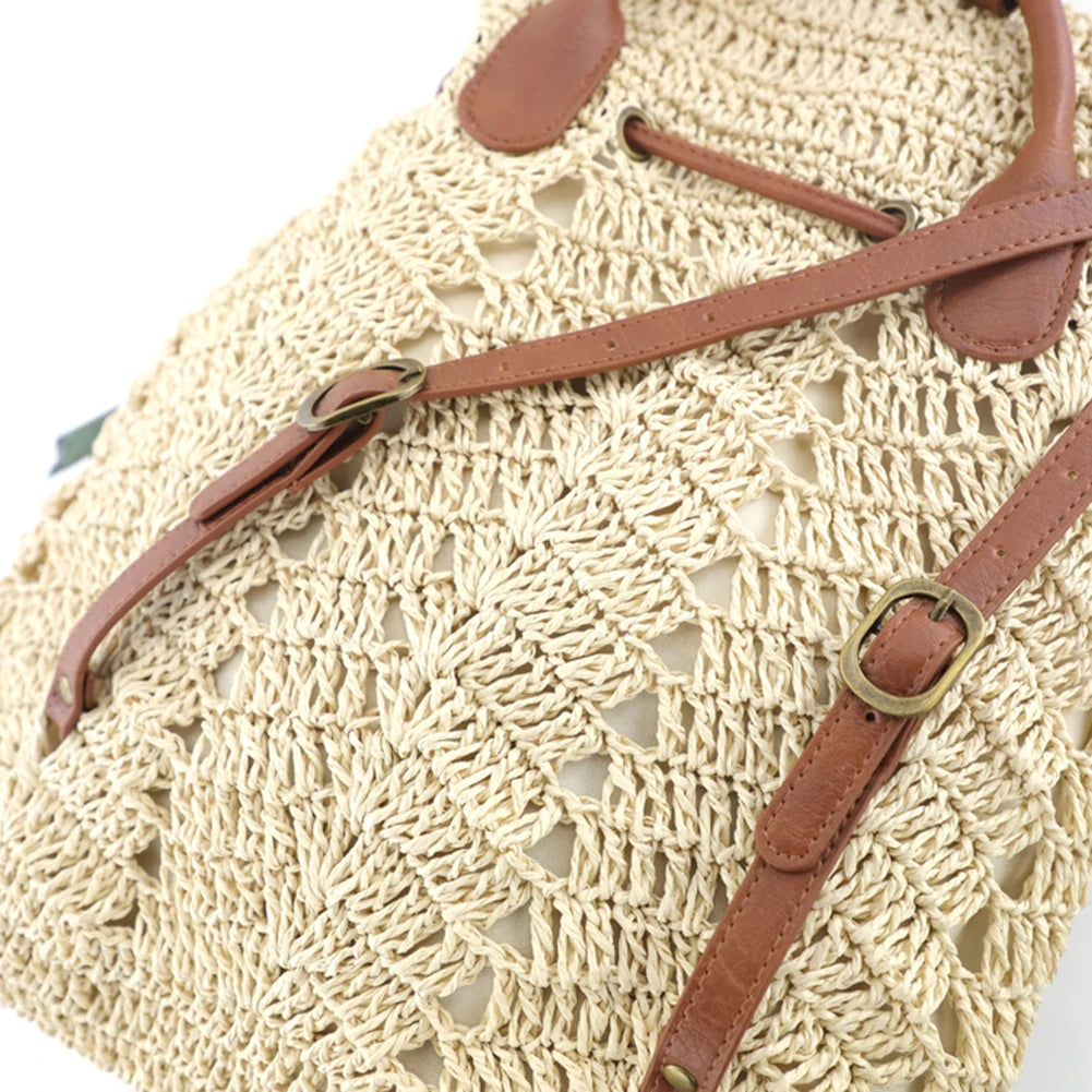 Handmade Woven Straw Shoulder Backpack for Women – Casual Beach Top Handle Bag