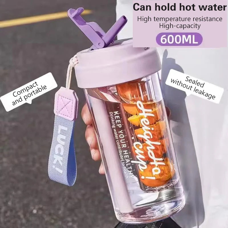 600ml Handy Sports Water Cup with Straw & Tea Partition – Portable Summer Drink Bottle