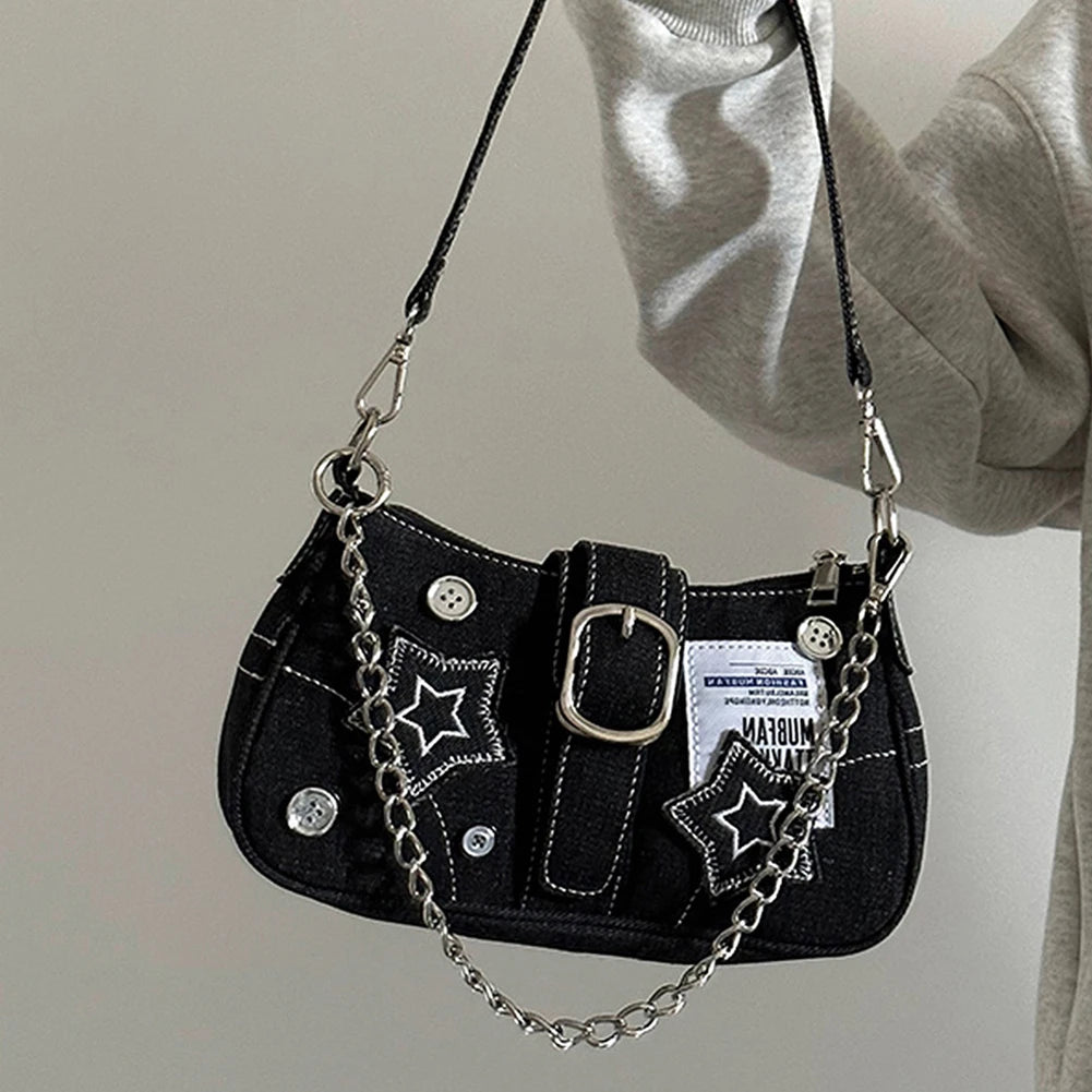 Women Y2K Star Denim Under-Arm Tote Bag – Large Capacity Cool Style Shoulder Purse for Commuting