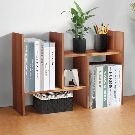 Wooden Adjustable Desktop Shelf Organizer – Compact Bookshelf & Storage Rack for Office & Desk Supplies