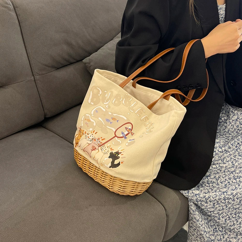 Women’s Straw Shoulder Bag – Patchwork Canvas Printed Bucket Tote with Large Capacity for Shopping & Travel 👜🌴