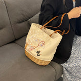 Women’s Straw Shoulder Bag – Patchwork Canvas Printed Bucket Tote with Large Capacity for Shopping & Travel 👜🌴