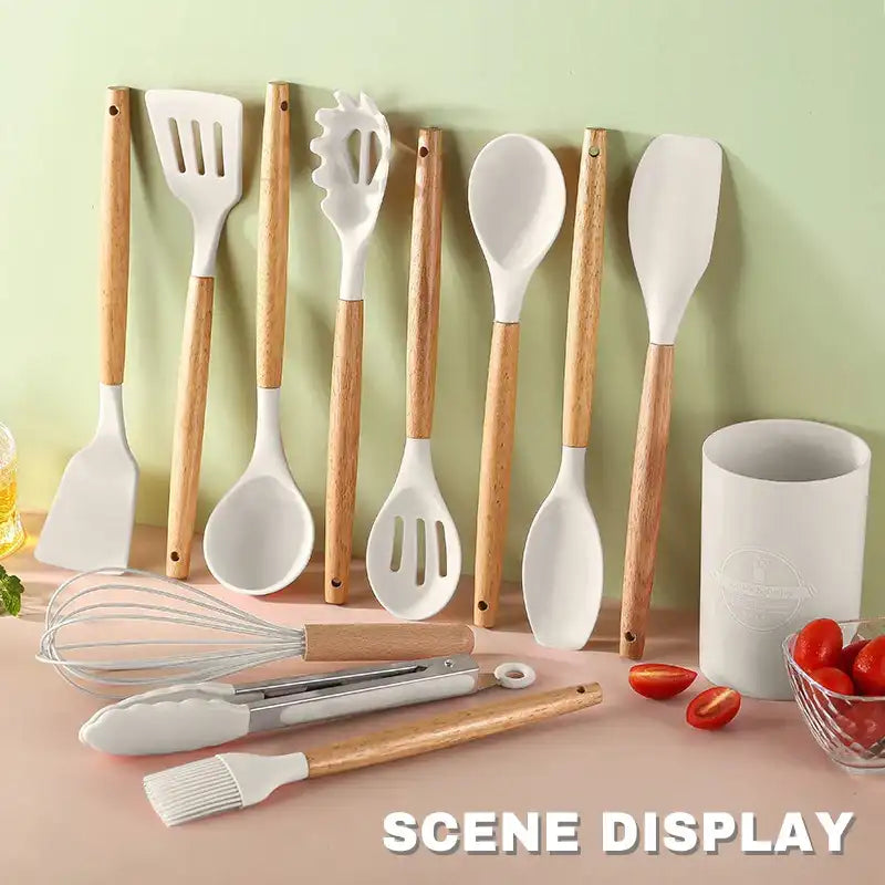 12-Pc Silicone Kitchenware Cooking Utensils Set – Non-Stick Spatulas, Egg Beaters & Storage Bucket