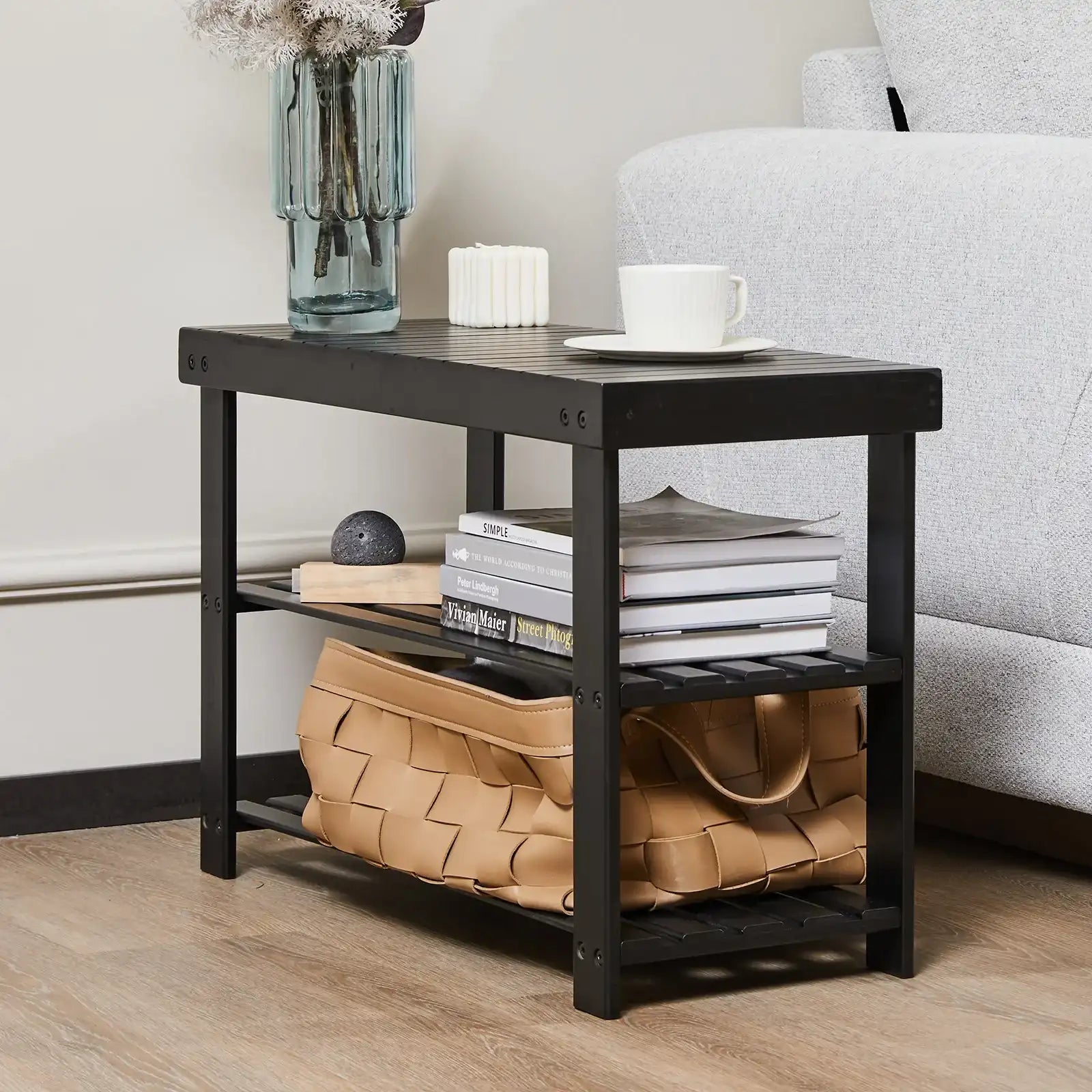 3-Tier Bamboo Shoe Rack Bench – Linen-Fabric Storage Organizer with 286 lb Load Capacity