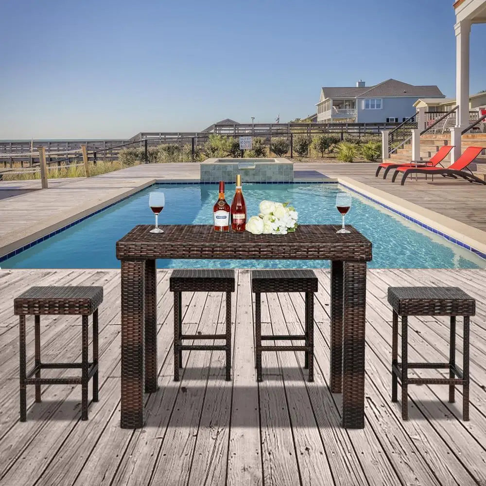 “5-Piece Rattan Patio Furniture Set – PE Wicker Table & 4 Chairs with Cushions for Garden, Yard & Outdoor Living”
