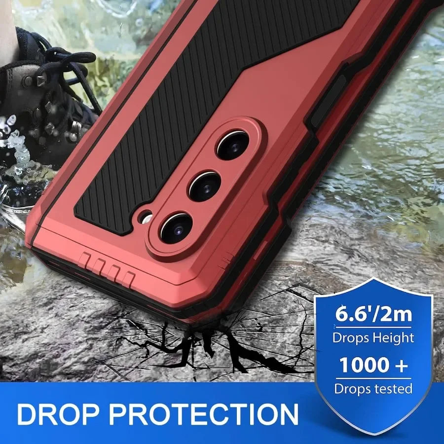 3-Layer Heavy Duty Metal Case for Samsung Galaxy Z Fold 3/4/5/6 – Aluminum & Silicone Shockproof Cover with Stand