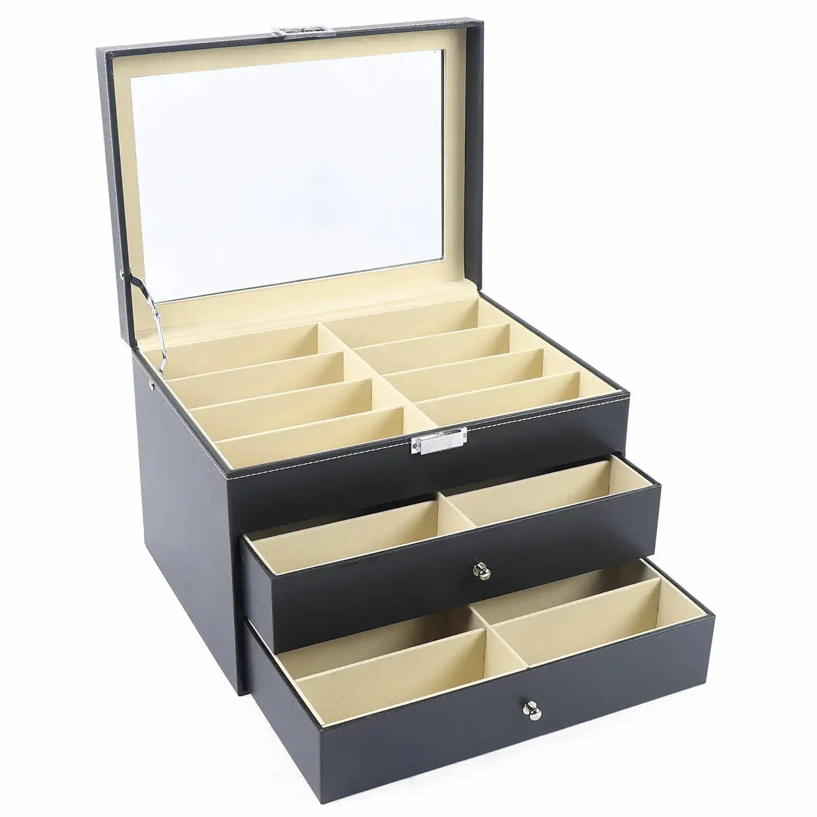 PU Leather Sunglasses Display Box with Glass Window – Jewelry Organizer for Glasses, Rings & Necklaces