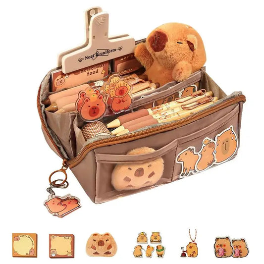 Capybara Pencil Case – Waterproof Plush Pencil Pouch with Cute Pins
