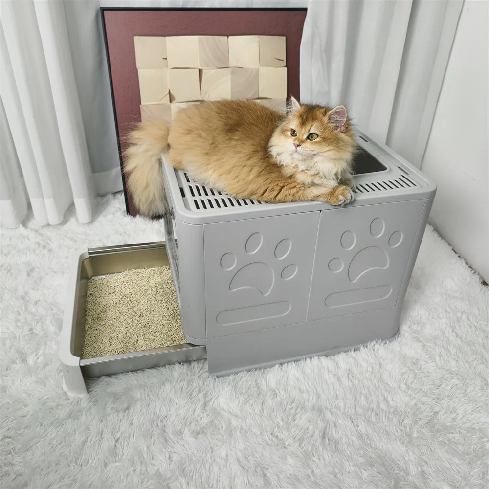 Enclosed Stainless Steel Cat Litter Box with Lid – Large Covered Top-Entry Pan, High-Sided Easy-Clean Design