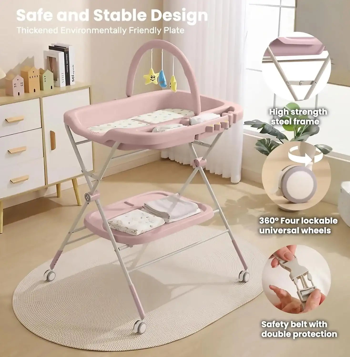 Adjustable Height Folding Baby Diaper Changing Table – Portable Station with Wheels & Organizer