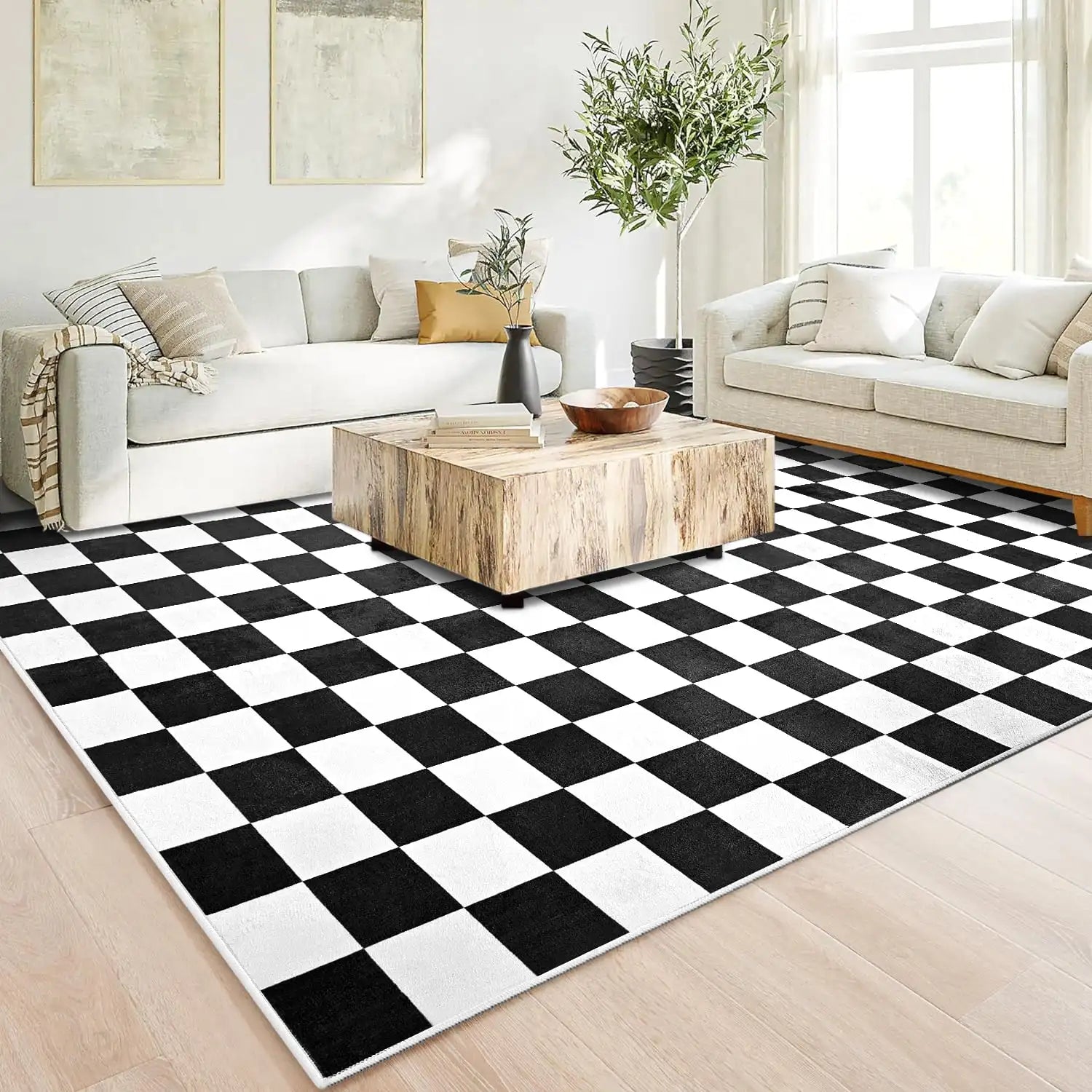 Modern Checkered Area Rug – Soft Plaid Carpet for Living Room & Bedroom Décor