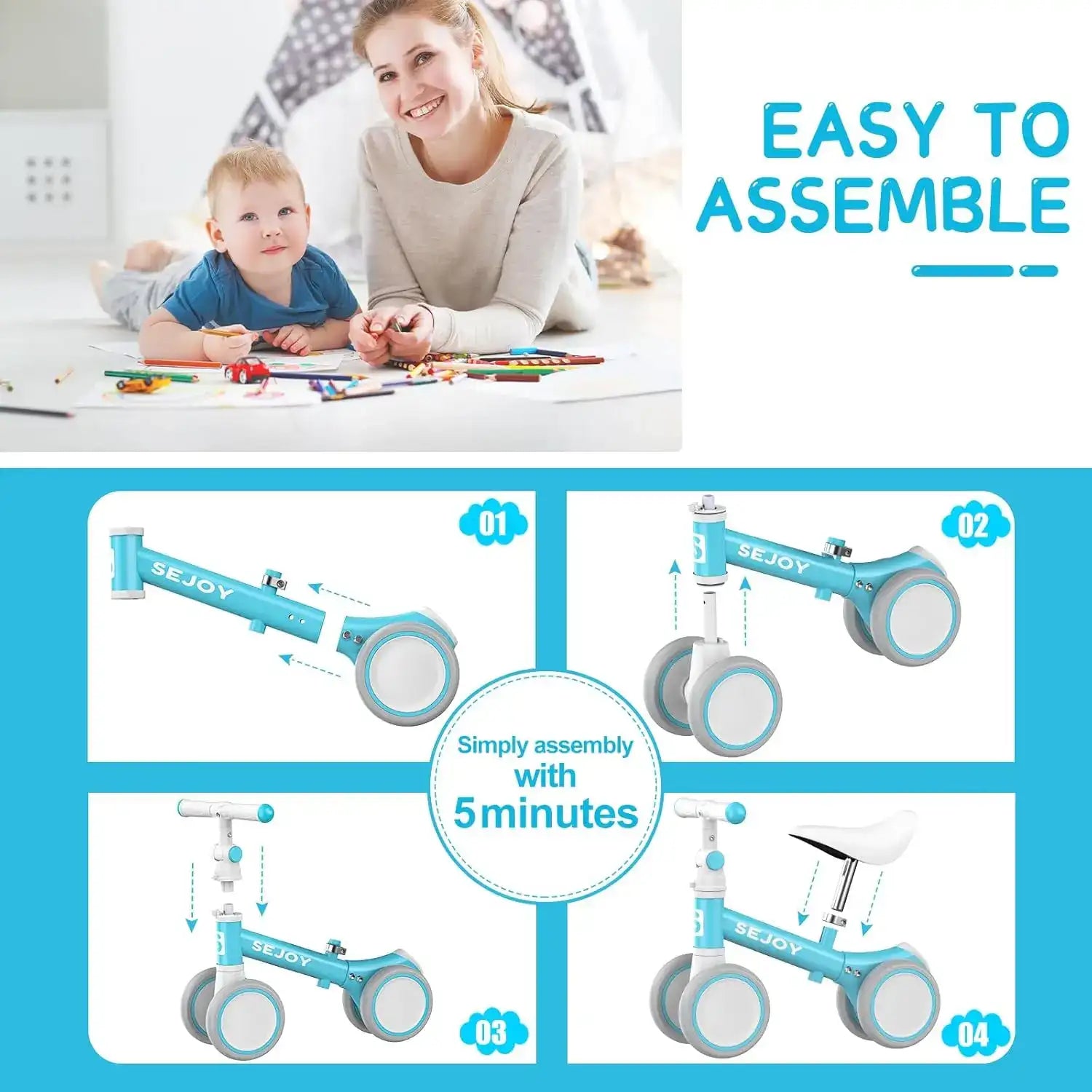 SEJOY Baby Balance Bike – Adjustable Toddler First Walking Bike for Boys & Girls (Seat & Handle Height Adjustable)