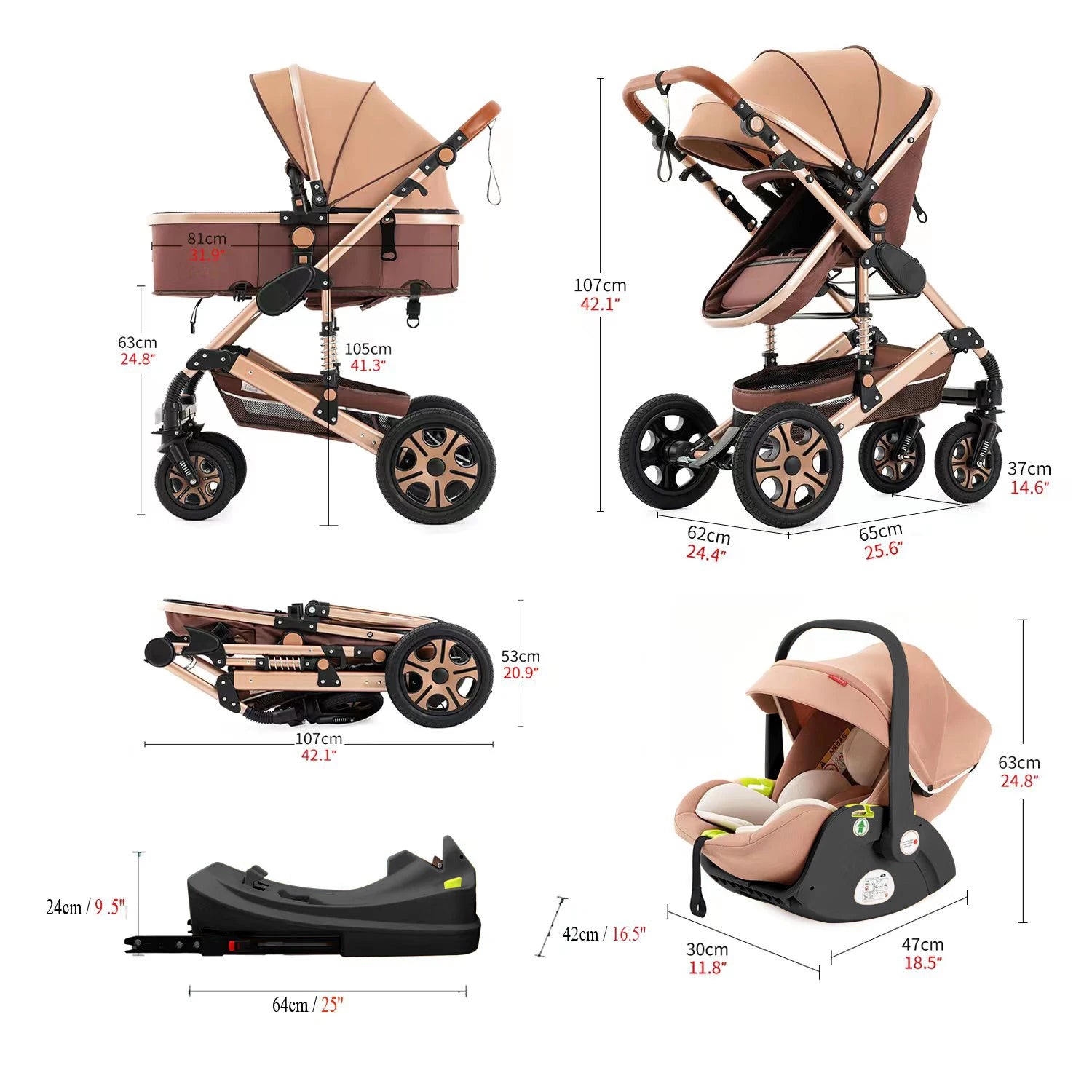 3-in-1 Baby Travel System – Stroller + Isofix Base + Reversible Pram for Newborn to Toddler