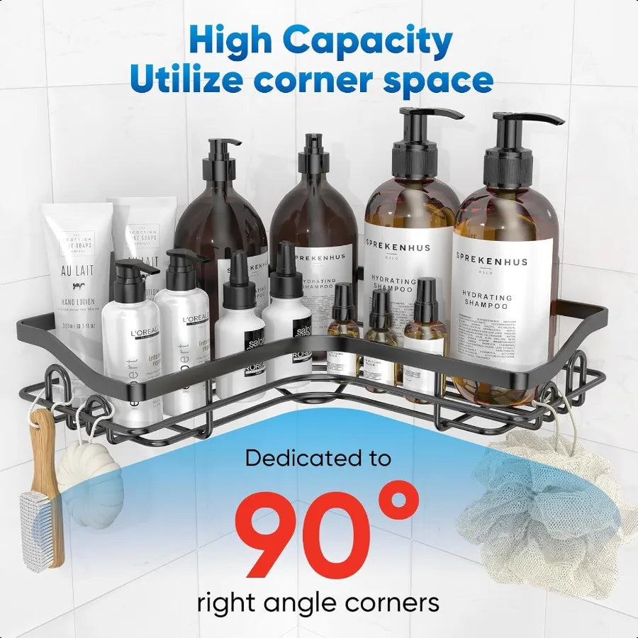 Black Stainless Steel Adhesive Corner Shower Caddy – Rustproof No-Drill Wall Mounted Shelf