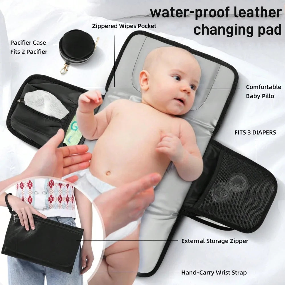 Leather Diaper Bag Backpack with Changing Pad & Pacifier Case – Large Multifunction Waterproof Mommy Travel Tote